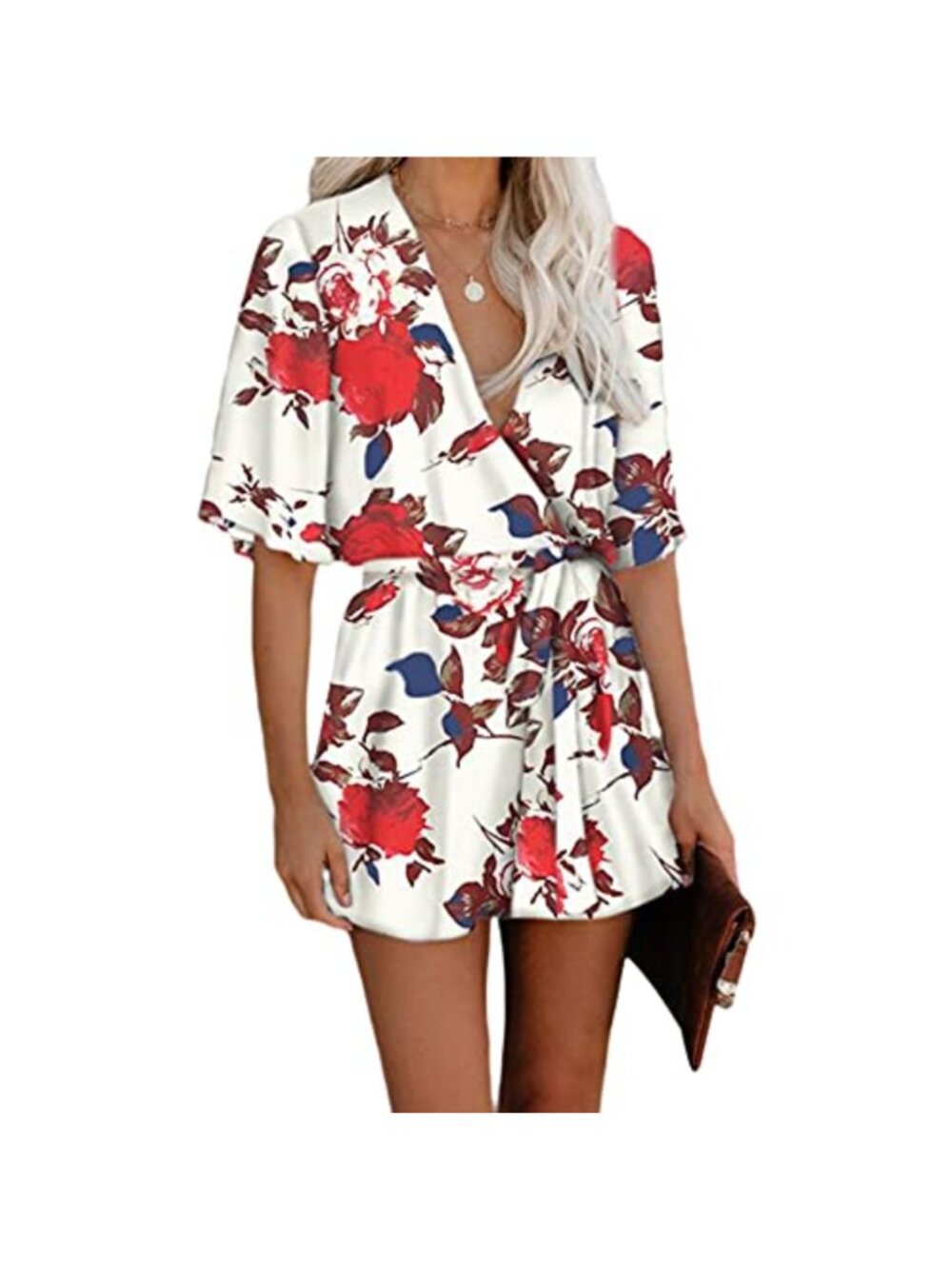 Floral Print Romper Deep V-Neck Ruffle Hem Half Sleeve Waist Tie